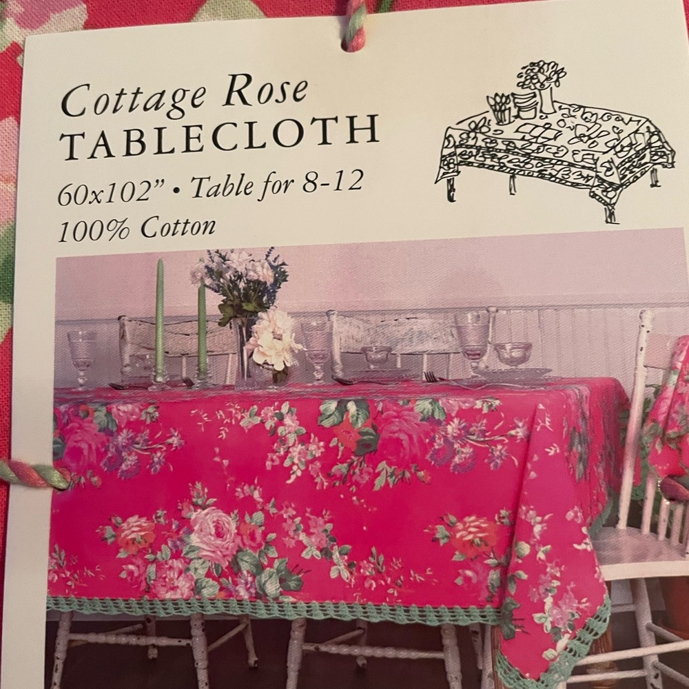 BRAND NEW APRIL CORNER COTTAGE ROSES TABLECLOTH WITH CROCHET TRIM 60” x 102”